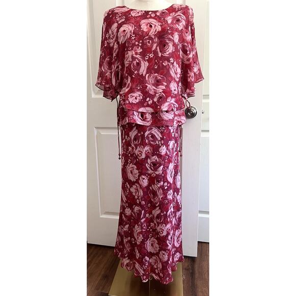 ADRIANNA PAPELL Vintage Rose 100% Silk Chiffon 2-Piece Blouse Maxi Skirt - Picture 1 of 16